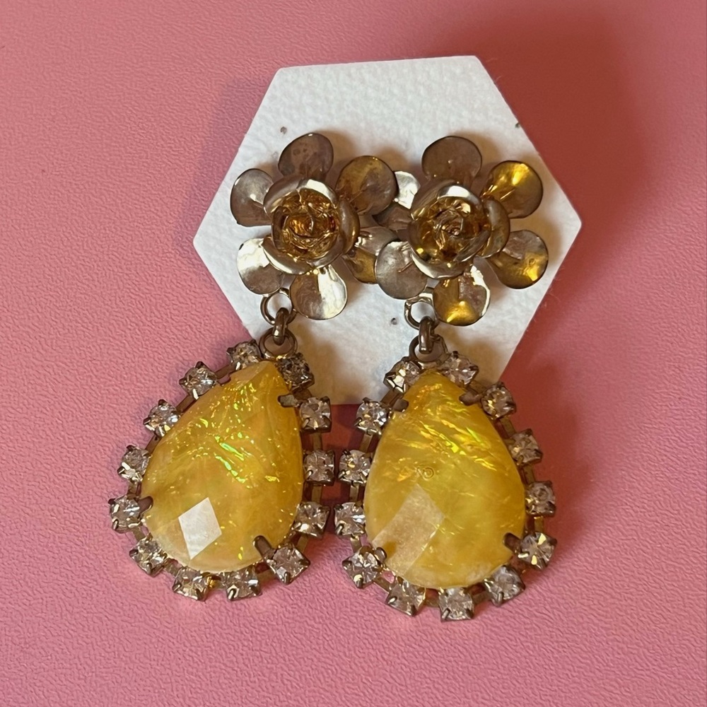 Vintage Yellow Gem Gold Rose Earrings